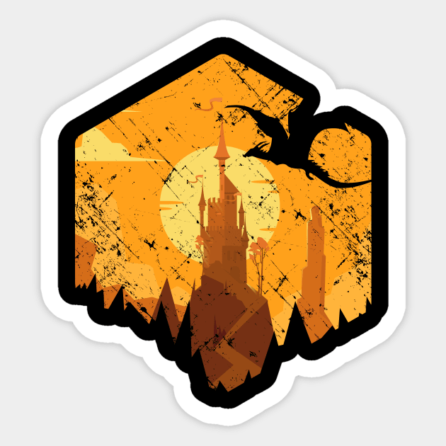 Dragon Flying Over Tall Castle Sunset Sticker by OfficialTeeDreams